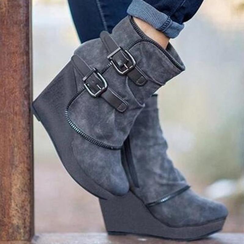 Women's Boots Zip Womens High Heels Suede Fashion Wedge Heels Durable Retro Women Ankle Boots Round Head Bottes Femmes