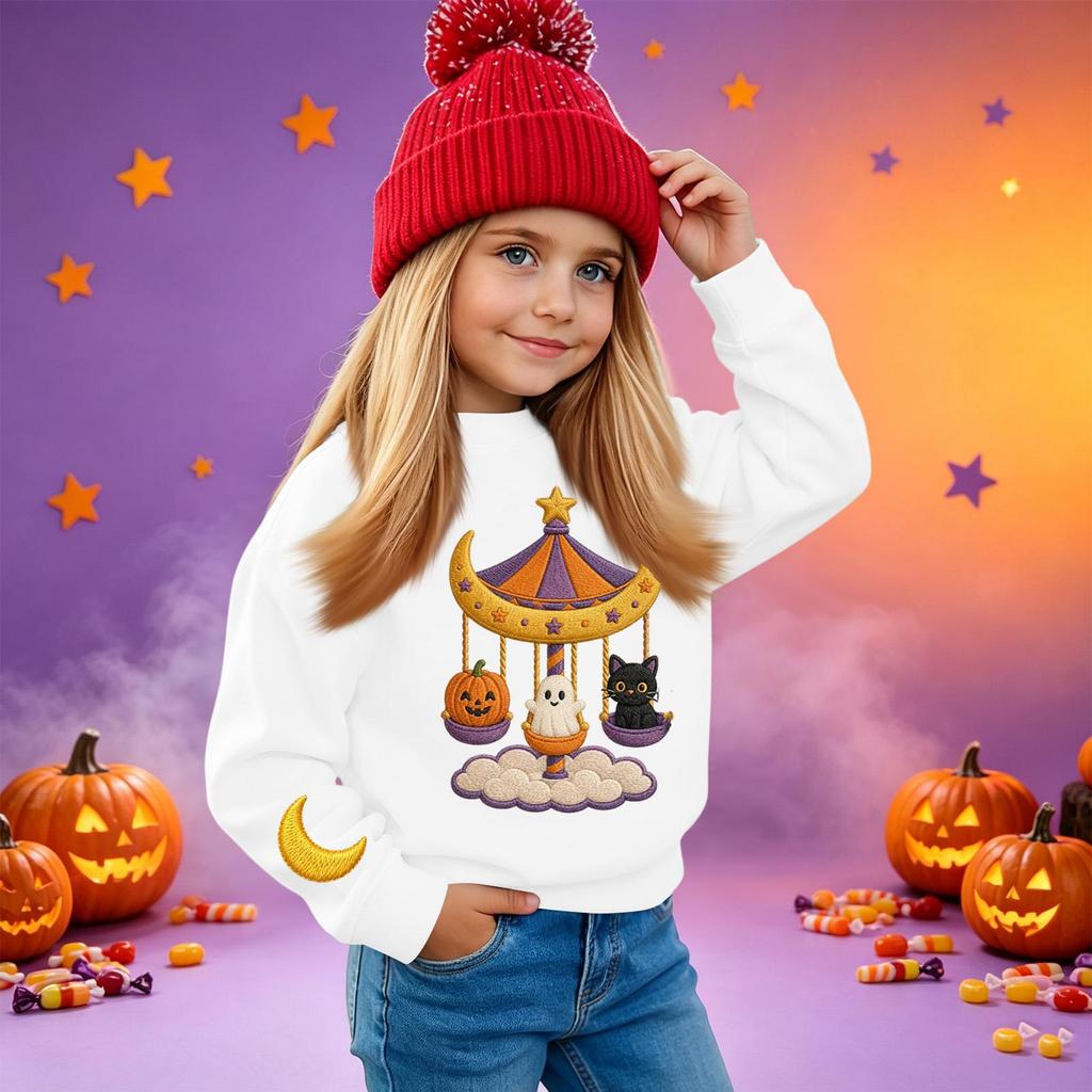 Kids' casual long-sleeved sweatshirt with Halloween print, suitable for holiday parties and everyday wear.