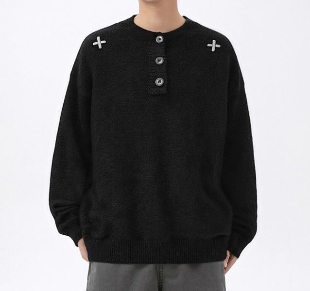 Trendy Unisex Henley Collar Embroidered Sweater - Cool & Handsome Lazy Style Knitwear for Autumn & Winter