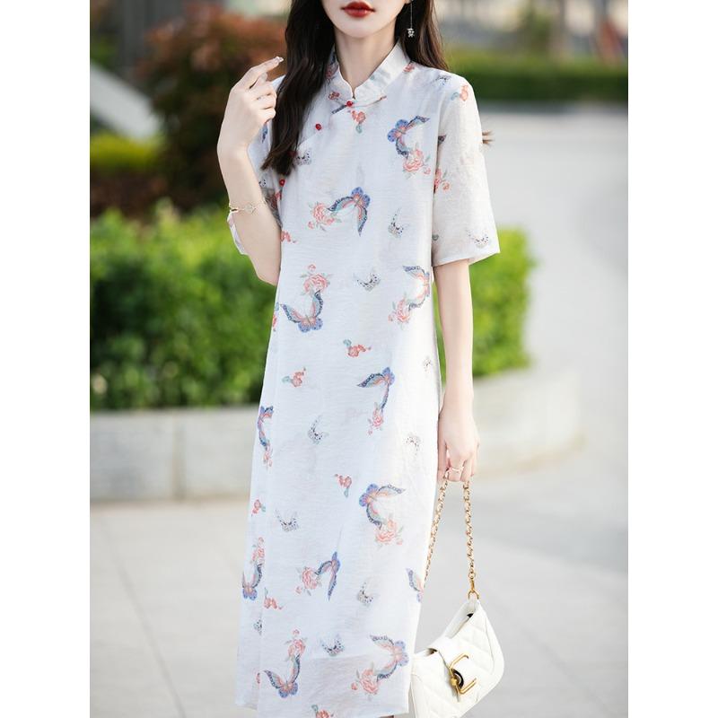 New Chinese Style Simple and Elegant Dress for Women, Improved Buckle Design, Cheongsam Skirt, Versatile and Fresh Stand-alone Collar Dress