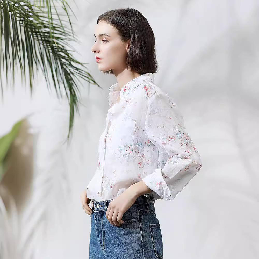 2020 Spring/Summer Artistic Floral Ramie Long Sleeve Top for Women