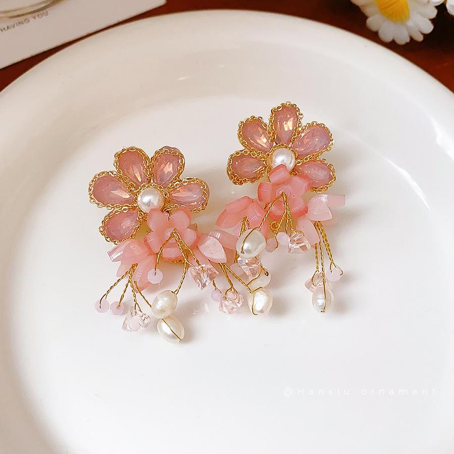 Mori Style Silver Needle Floral Glass Grape Tassel Earrings – Elegant High-End Design