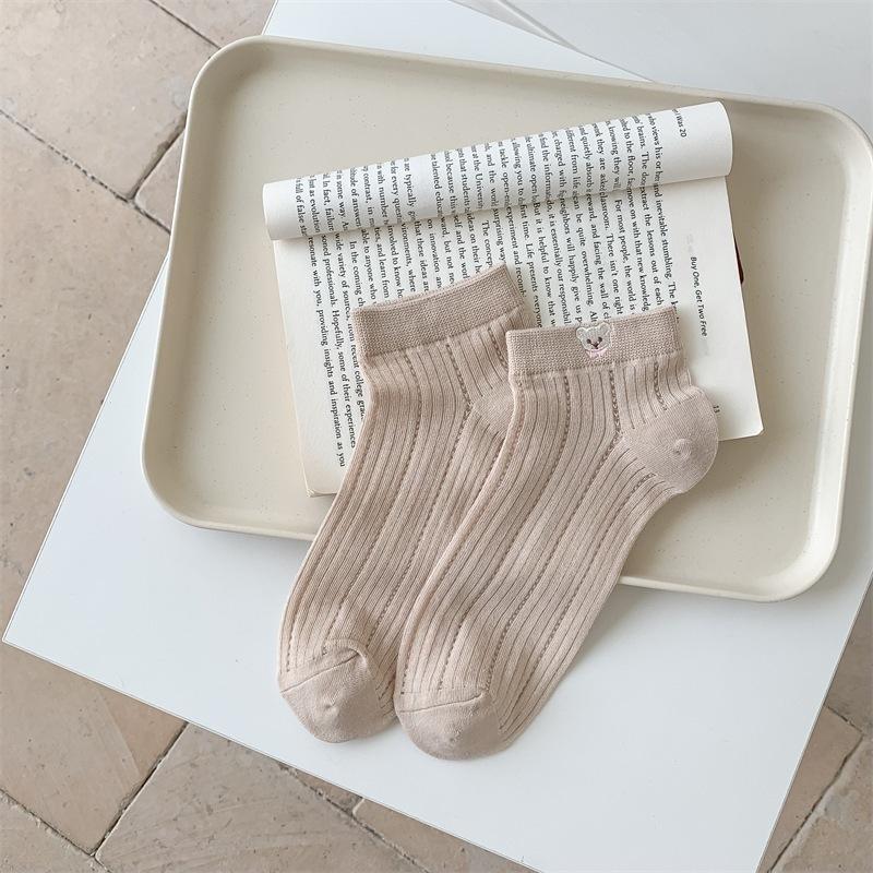 Cute Little Bear Embroidered White Sock Summer Lightweight Short Socks for Children, Breathable Mesh Summer Boat Socks