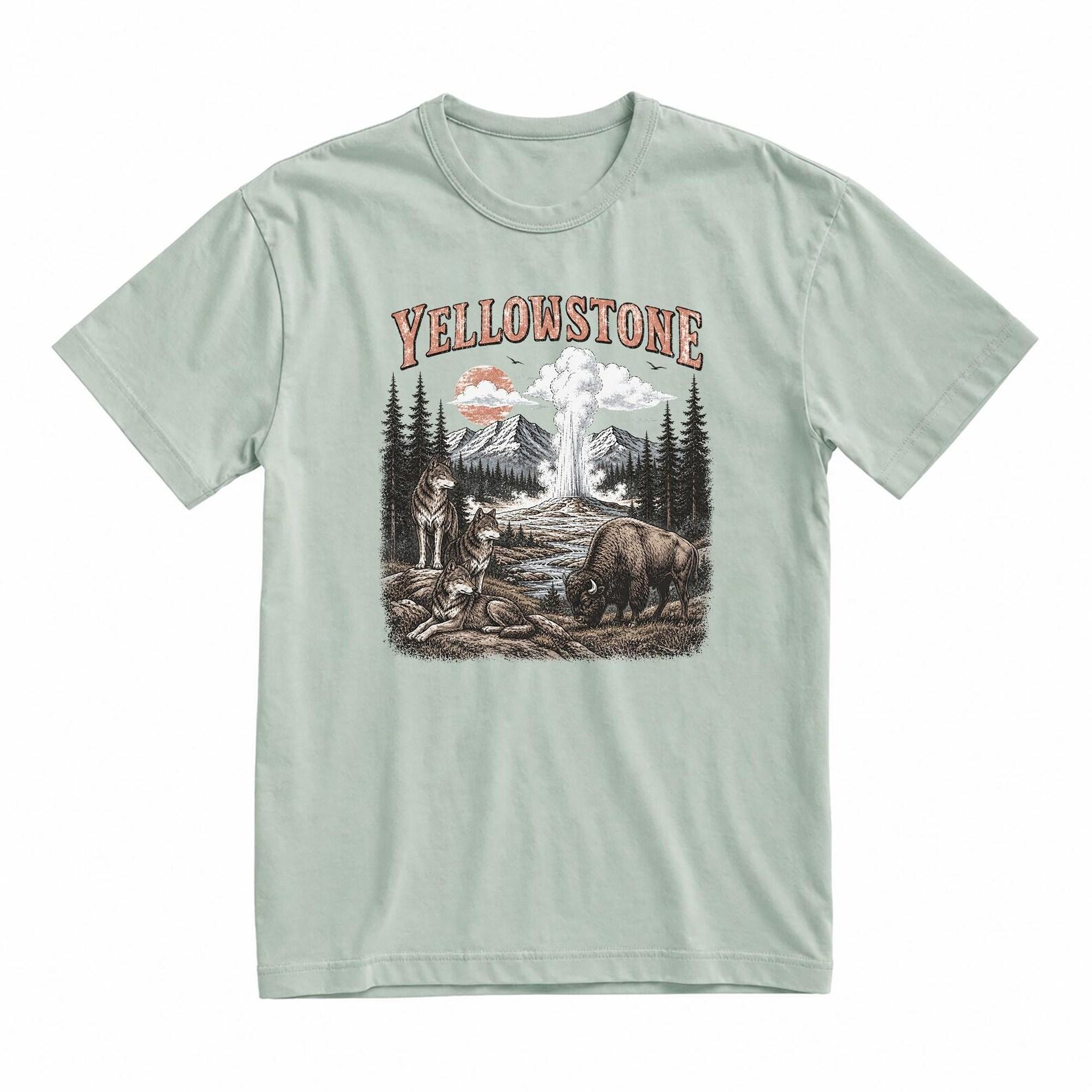 Retro Yellowstone National Park Wildlife Graphic T-Shirt, Bison Wolves Eagles Nature Tee XL