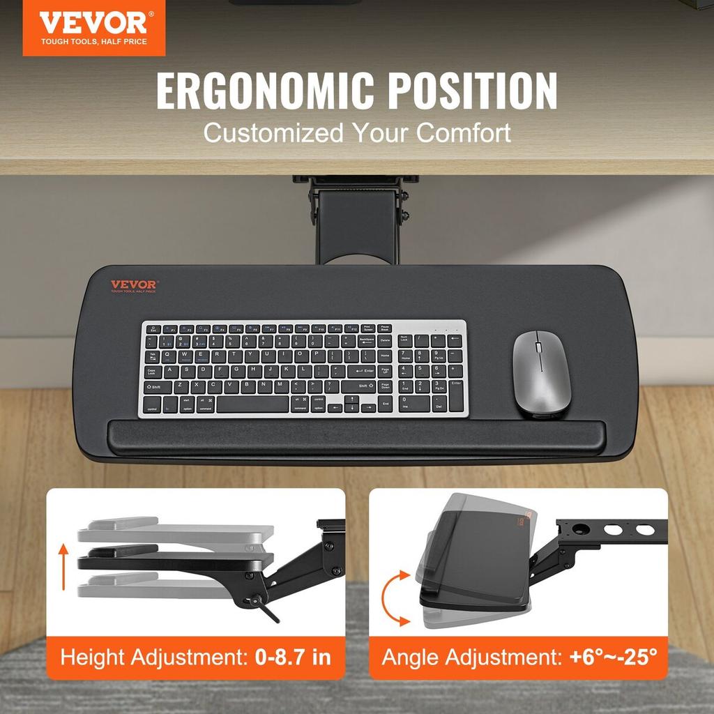 Keyboard Tray under Desk Adjustable Height, Height and Angle Adjustable under Desk Keyboard Tray Slide out, Large 25x9.8 inch Keyboard Holder under