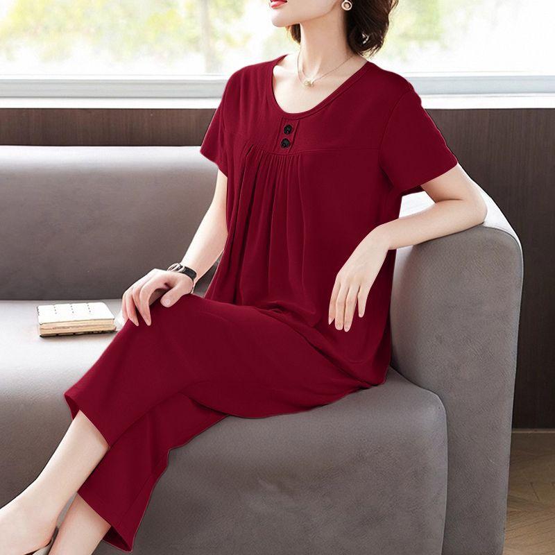 Summer Plus Size Women's Fashion Casual Commute Home Wear Set Short Sleeve Seven-Piece Pants Two-Piece Set