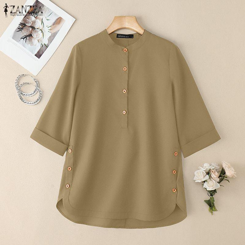 ZANZEA Women Solid Color Loose Casual 3/4 Sleeve Blouse