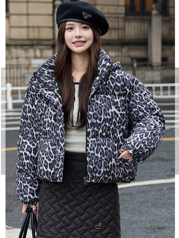 Vintage Odnímatelná Kapuce Leopardí Vzor Krátká Zimní Bunda