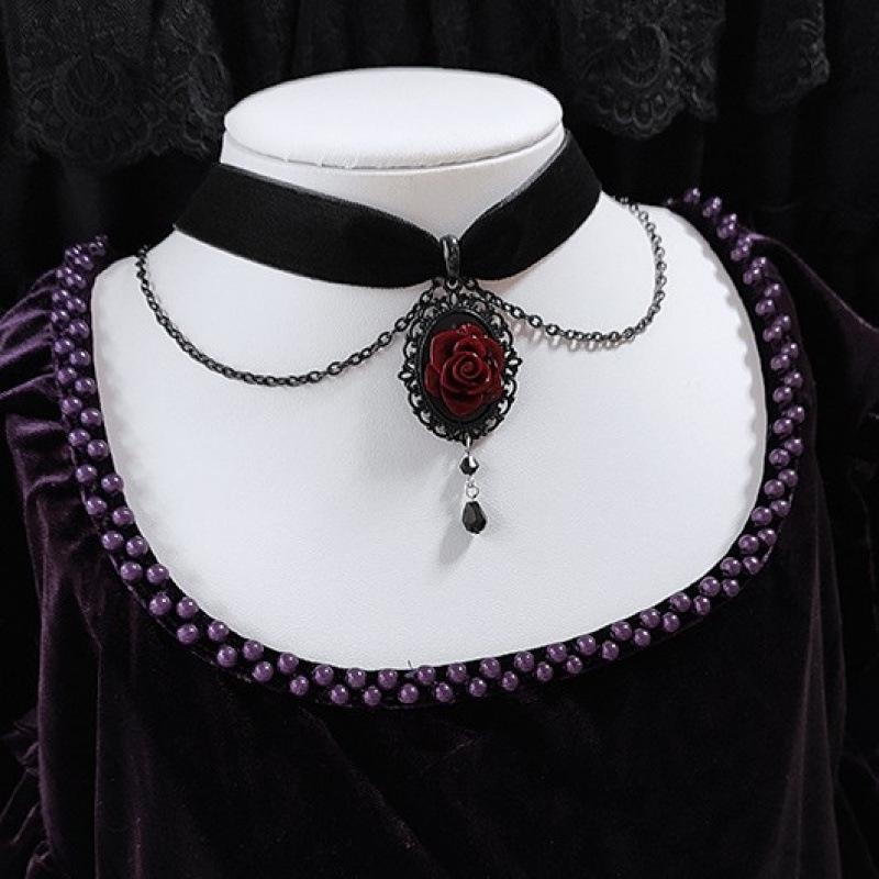 Gothic Dark Rose Choker Necklace for Halloween