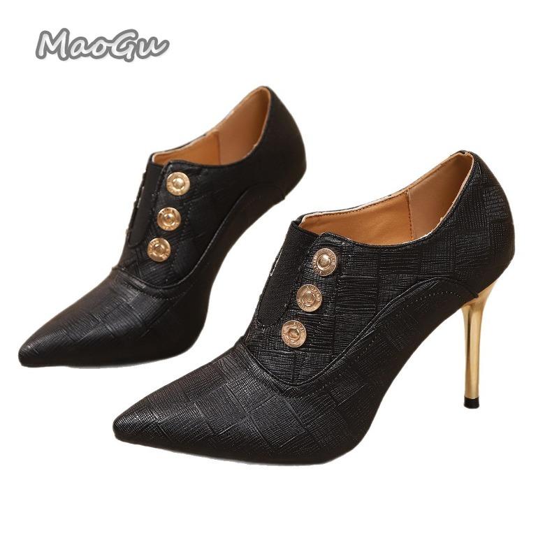 Fashion Luxury Gold Metal Decor Ankle Boots Women 2025 Autumn New Sexy Pointed Toe High Heel Booties Slip On Thin Soled Pumps Elegant