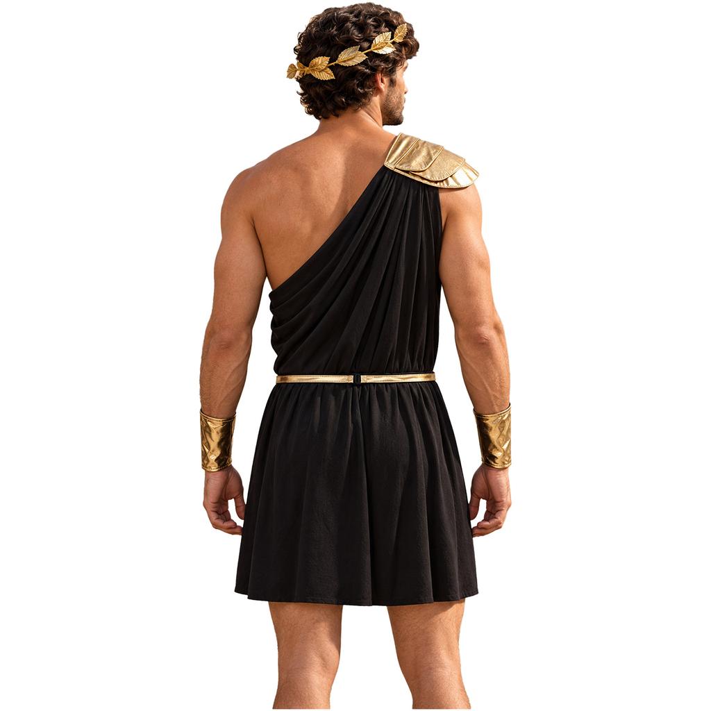 Men One Shoulder Greek Costume Toga Jumpsuit with Tiered Epaulet Elastic Waist Detachable Belt Cuffs Leaf Wreath for Stage Performance Cosplay
