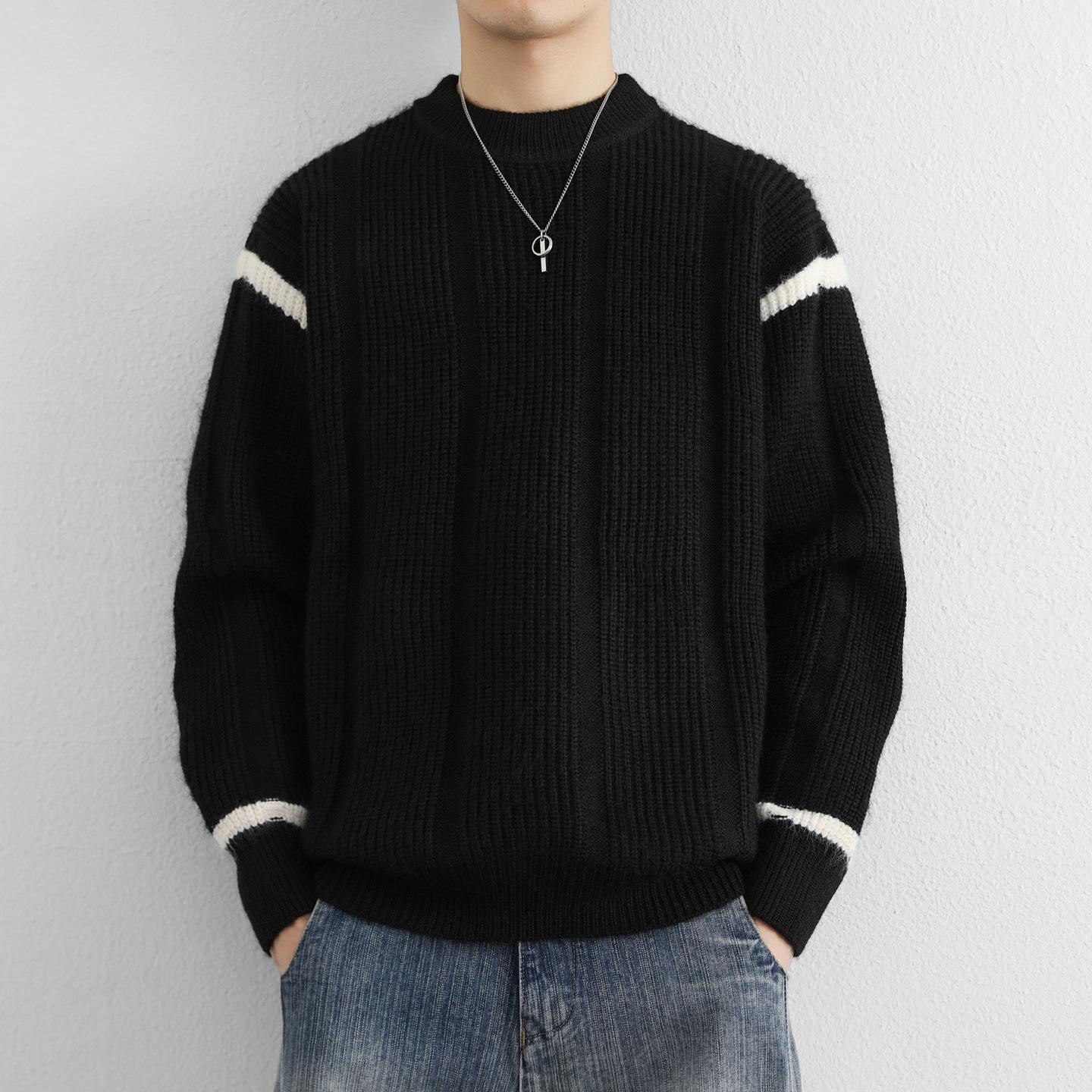 Men s High-Quality Color Block Round Neck Jacquard Sweater - Thick, Warm Knit for Autumn and Winter L