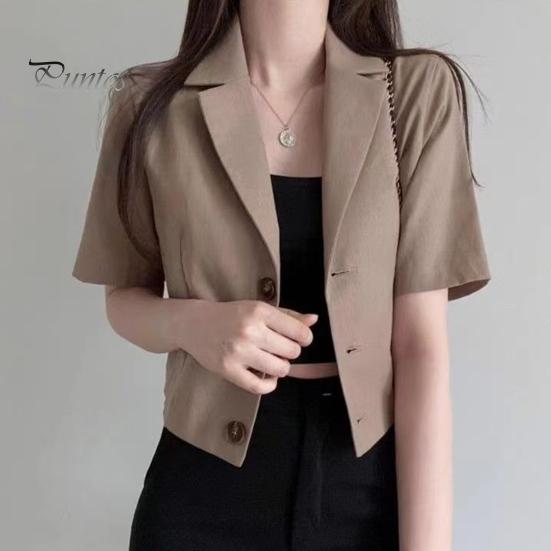 Damer Sommerdrakt Frakk Revers Kortermet Enkeltspent Knappelukking Kort Draktsjakke Ensfarget Løs Passform Business Yttertøy