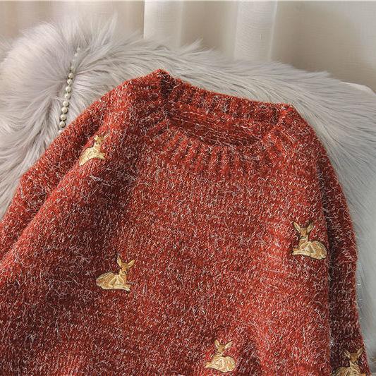 2025 Women's Gold Sweaters Ulzzang Vintage College Deer Embroidery Sweater Female Thick Cute Loose Harajuku Clothing