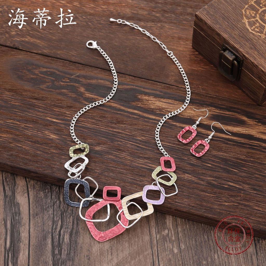 Luxury Hot-selling Color Painting Oil Geometric Hollow Square Stud Earrings Item Set Exaggerated Personality Women's Versatile Necklace