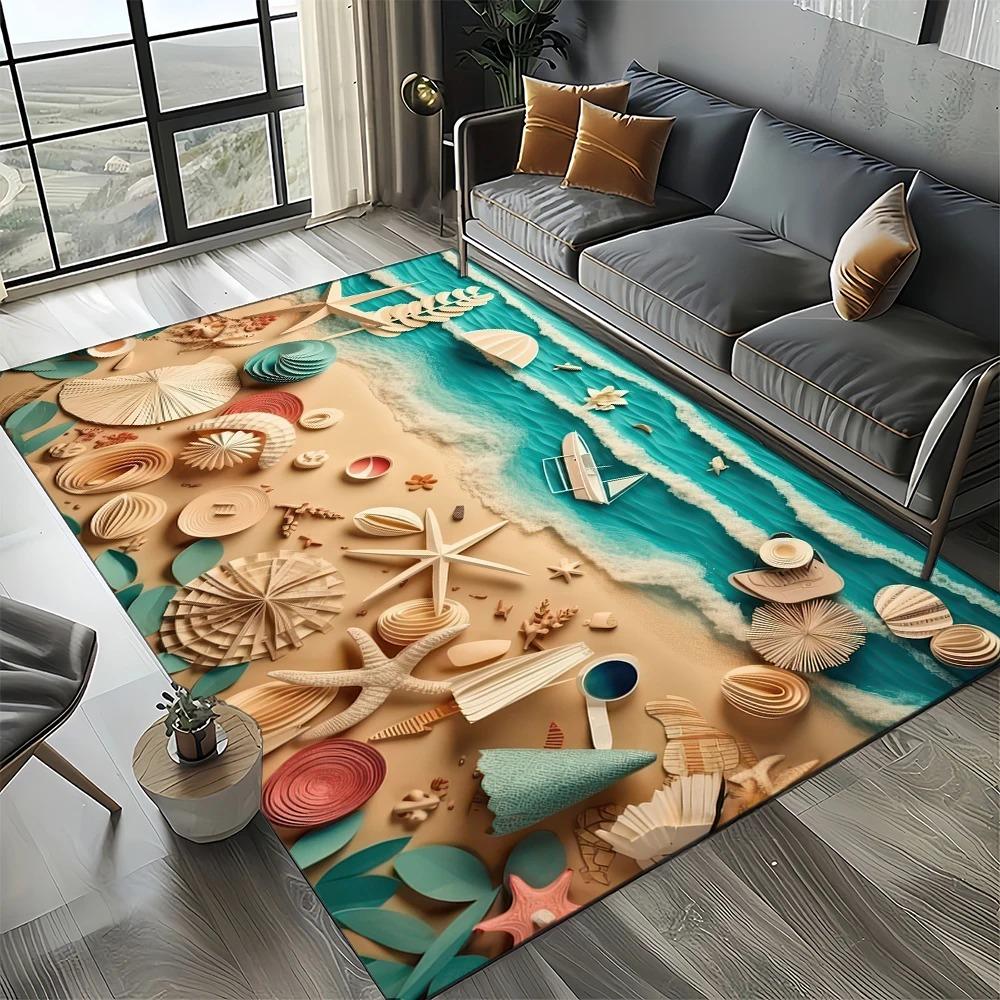 2D Beach Shell Star Print Ocean-themed Carpet Suitable for Living Room Bedroom and Children's Room Ocean Breeze Home Decoration