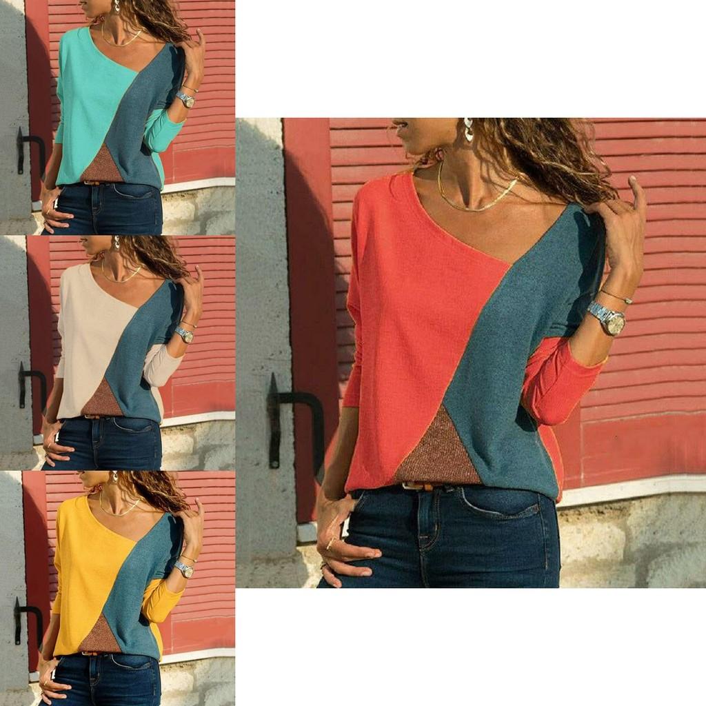 Elegant Women T-shirts Long Sleeve Round Neck Patchwork Pullover Slim Fit Female Tops