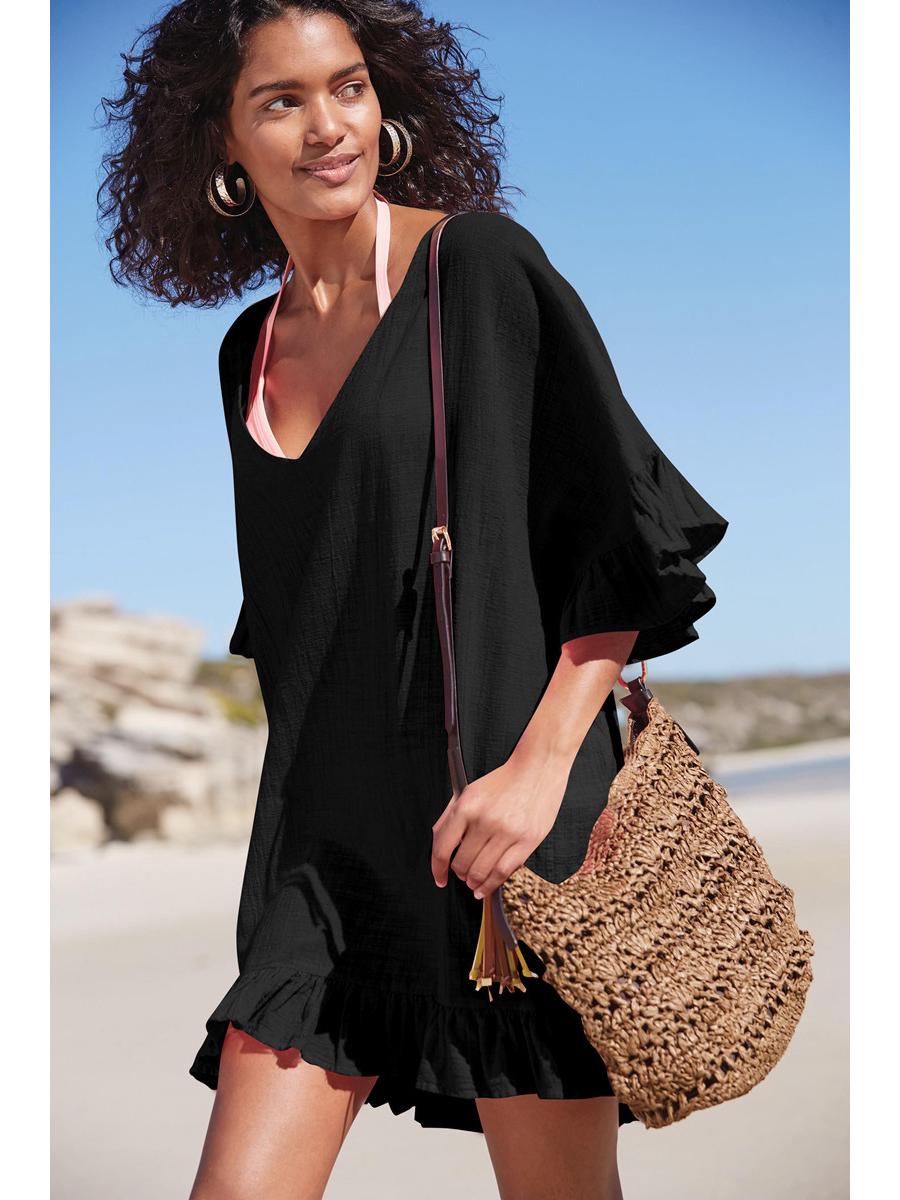 

Пляжное платье-накидка из бамбукового хлопка с оборками и защитой от солнца One Size чёрный
