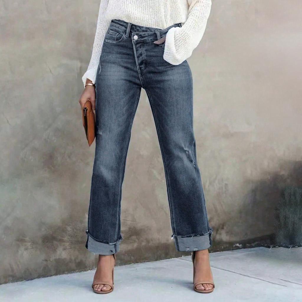 Ladies' Color Casual Versatile Mid Waist Straight Leg Denim Straight Leg Jeans With Fringed Edges