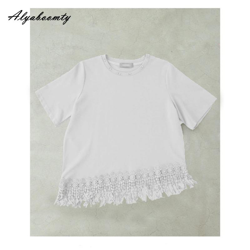 

Летняя женская нестандартная стильная футболка с круглым вырезом, черная, белая, коричневая, хлопковая, с бисером, коротким рукавом, кисточками, ажурная футболка ONE SIZE белый