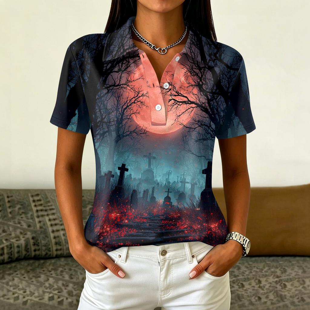 Women's Casual Button Down Short Sleeve Blouse with Halloween Print Lapel
