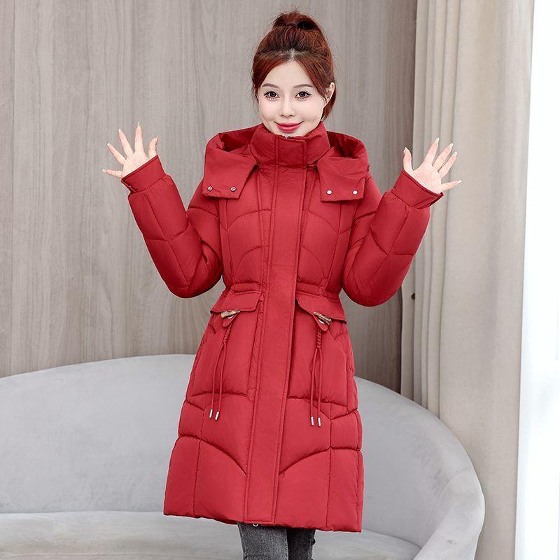 Damen Winter Schlank geschnittener Mittellanger Daunenmantel Dicke Warme Baumwoll-Pufferjacke mit Taillenraffung