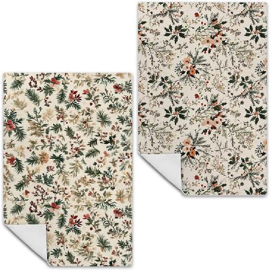 Chinoiserie Floral Kitchen Towels Set of 2, Beige and Pink Coquette Kitchen Bathroom Decor, Coquette Bow Preppy Hand Dish Towels for Bathroom, 16x24 Dark Floral Towels-g