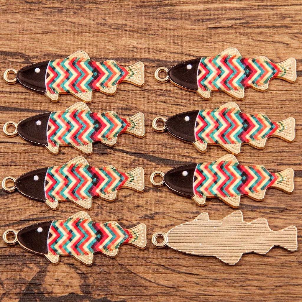 9-Color Small Fish Pendant, 14x35mm Alloy Charm, KC Gold Enamel Sea Animal Accessory