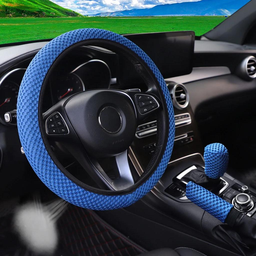 3-piece Massage Mesh Cloth Breathable Car Without Inner Ring Steering Wheel Cover Handbrake Cover Handle Cover 14.5-15INCH