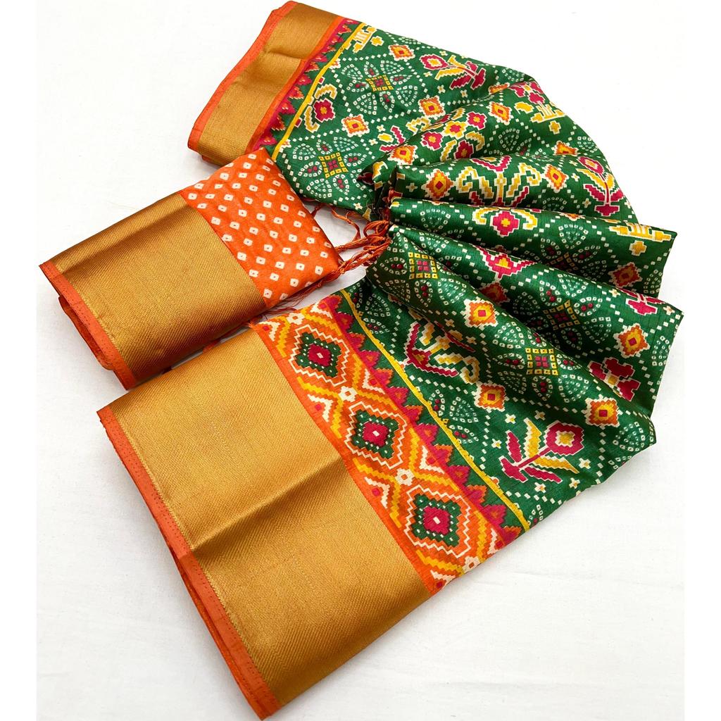 Tussar Silk Lagdi Patta With Kalkota Hand Printing Patola Print In Full Saree With Fancy Tassels In Pallu With Running Blouse