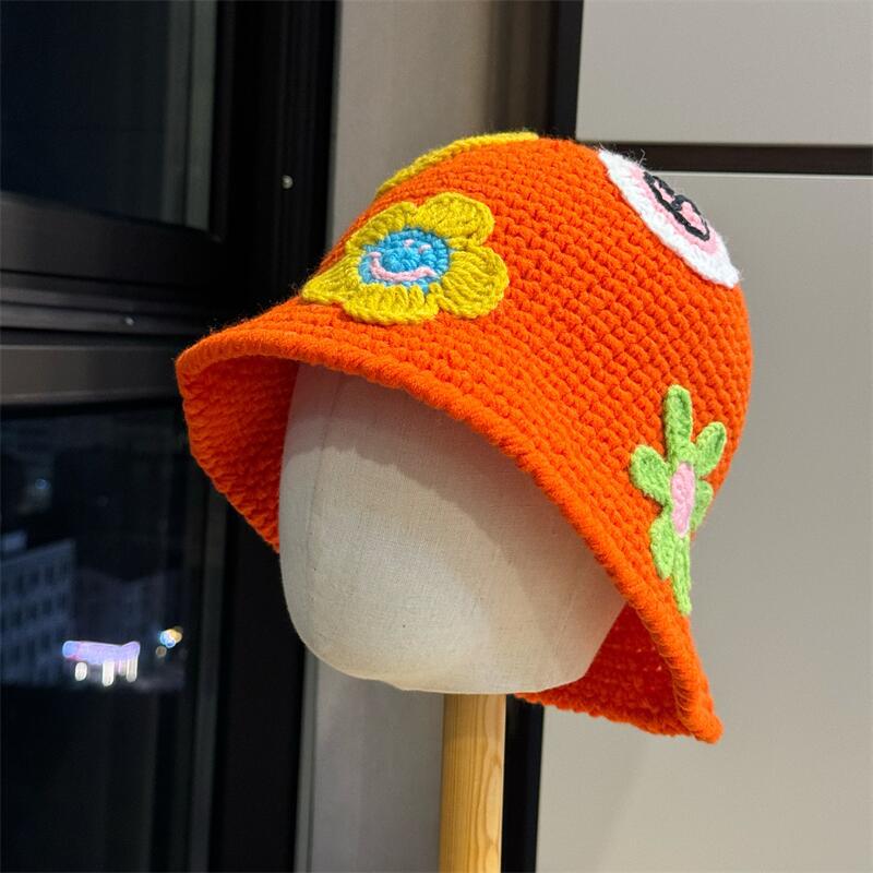 Dopamine Colored Flower Knitted Fisherman Hat Girls Autumn and Winter Sweet and Cute Versatile Face Small Thermal Basin Hat