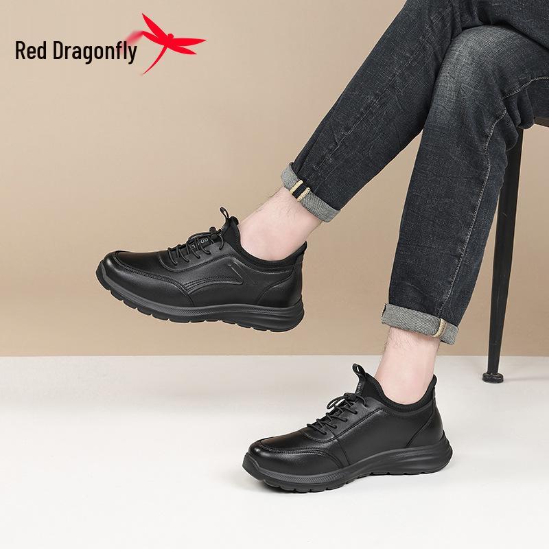 Red Dragonfly Men's Black Leather Waterproof Non-slip Lace-up Sports Shoes for Spring & Autumn - Comfortable and Stylish for Travel.