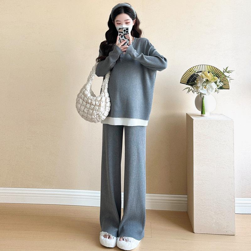 Spring 2026 Korean Maternity Knit Sweatshirt & Wide-Leg Pants Set M