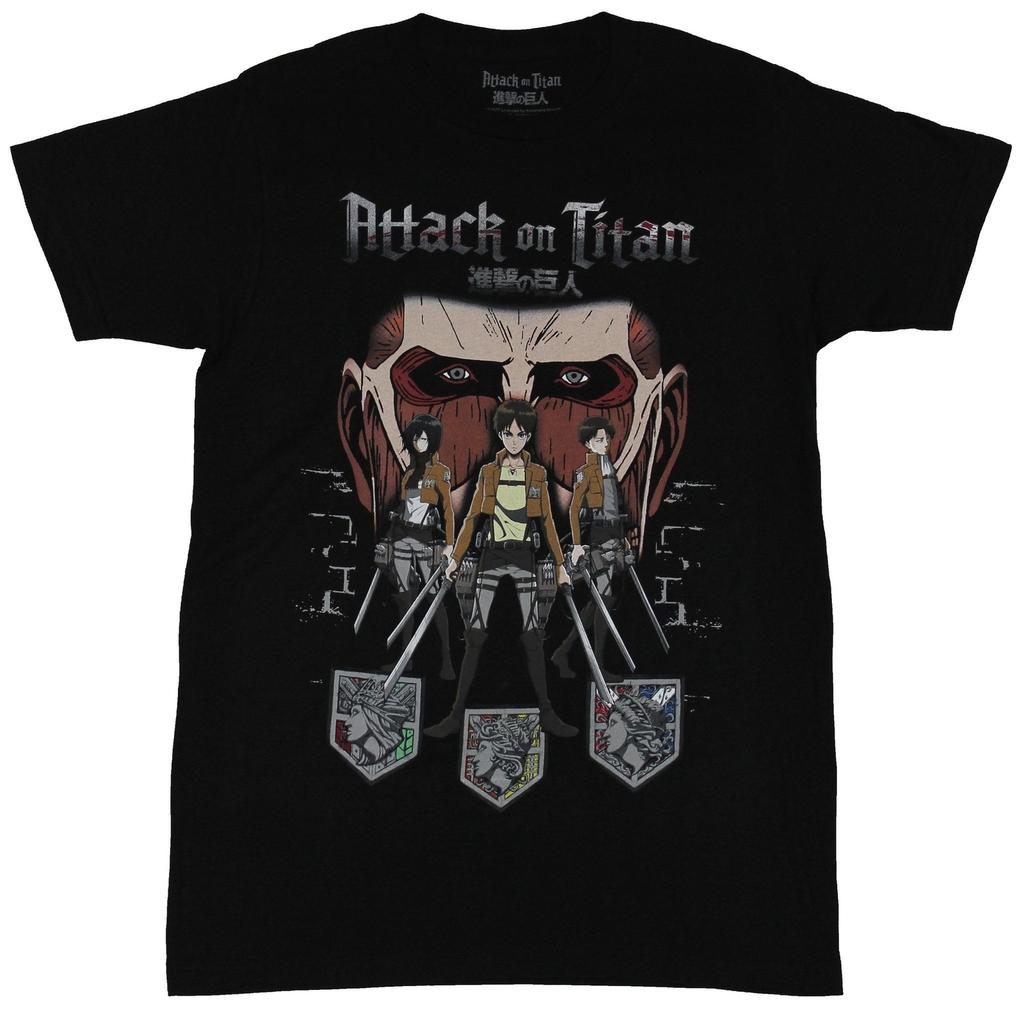 Attack On Titan Adult New T-Shirt - The Survey Corps Trio Under Titan Face Pic