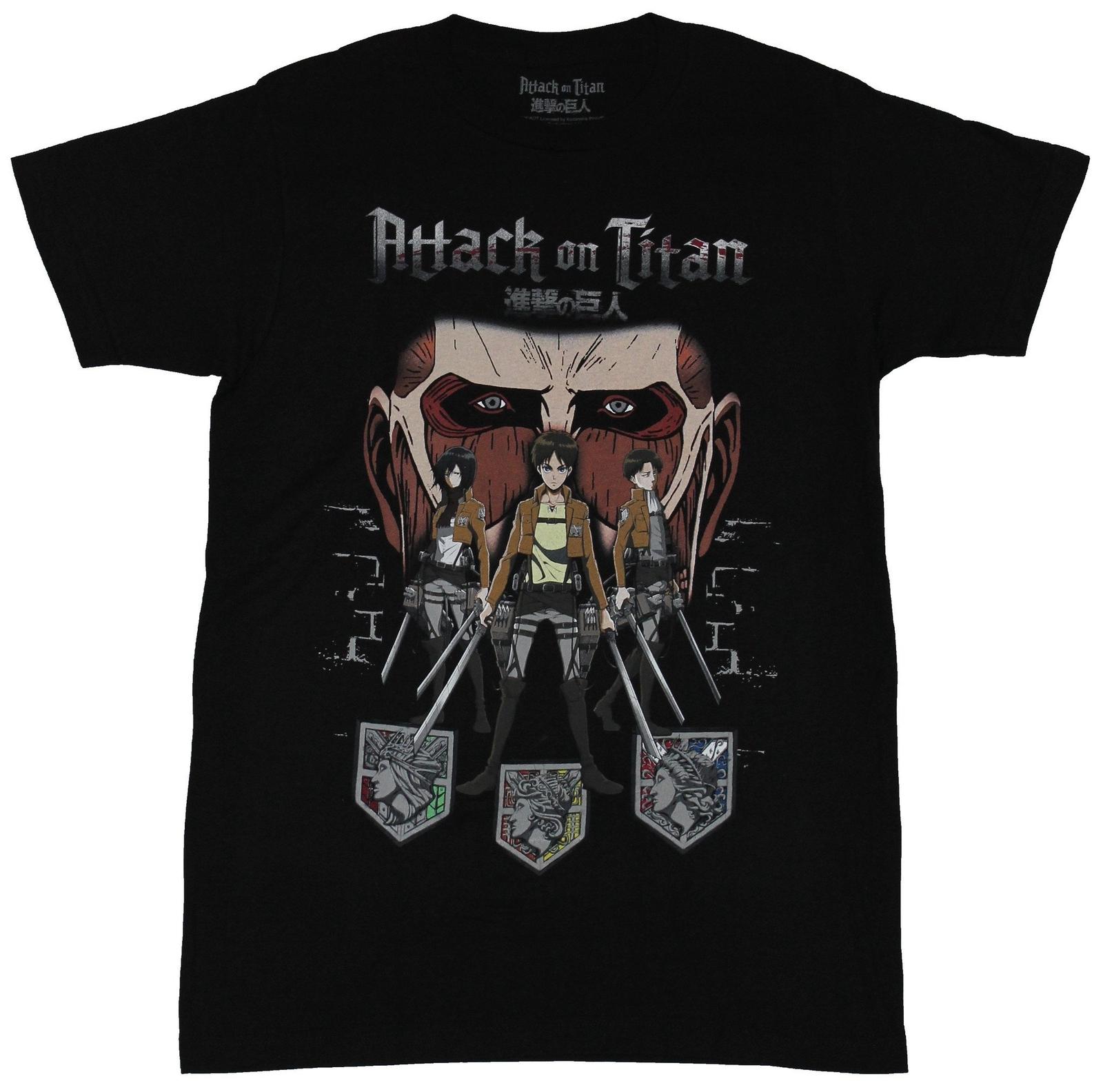 Attack on Titan Adult New T-Shirt - The Survey Corps Trio Under Titan Face Pic XXL