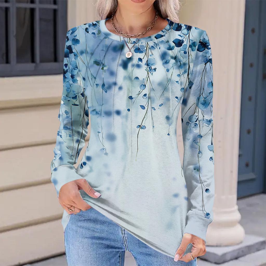Women's Fashionable Casual Floral Retro Print Pleated Comfortable Round Neck Loose Long Sleeve T-shirt Top