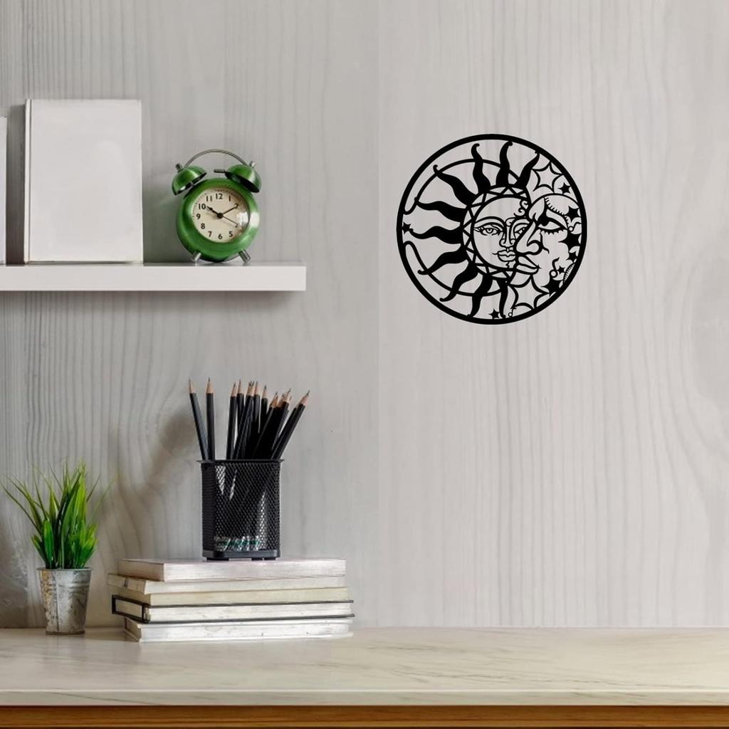 PHJYMXZSNA Outdoor Sun and Moon Wall Decor,Metal Wall Art for Living Room Sculpture Black Sun Moon and Stars Home Wall Hanging, 12 Inch