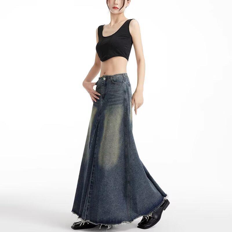 Women's Retro High-Waisted Denim A-Line Skirt - Summer, Washed Blue, Knee-Length