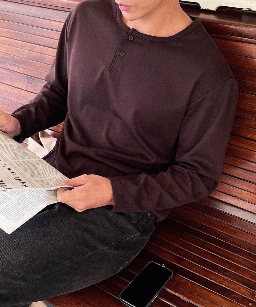 BYMONO [Plus Sizes M-8Xl] Snug-Eye-Cut Tee Henley Neck Automatic Tuck-In Drop Long Sleeve Tee