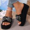 Fashion Summer Women Wedge Slide Beach Slipper Thick Heel Ladies Sandals Crystal Decorate No Slip Platform Slippers Plus Size 35-43