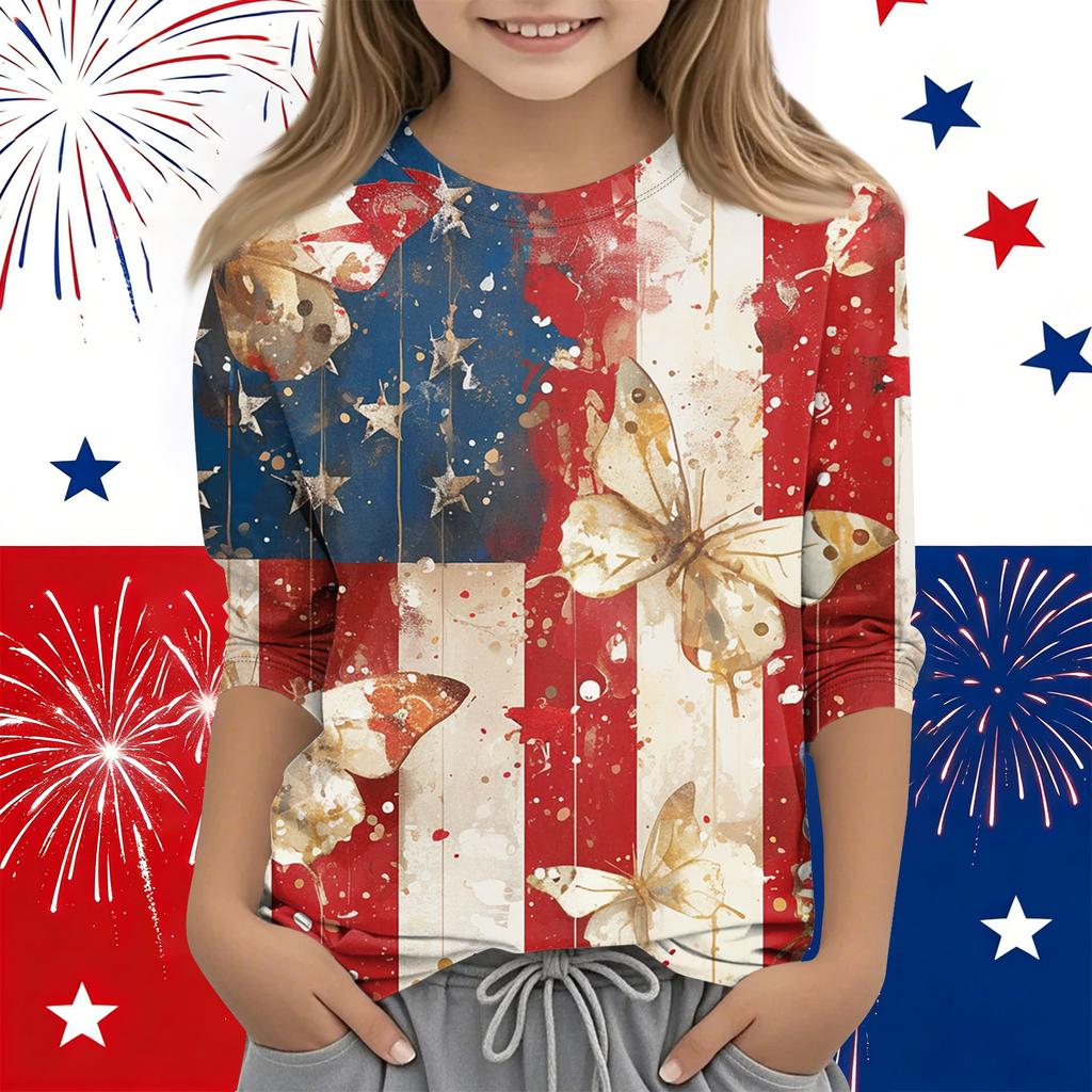 Print Tops For Youth Girls Round Neck 3/4 Sleeves T-Shirts Trendy Tops Outfit Tees Independence Day