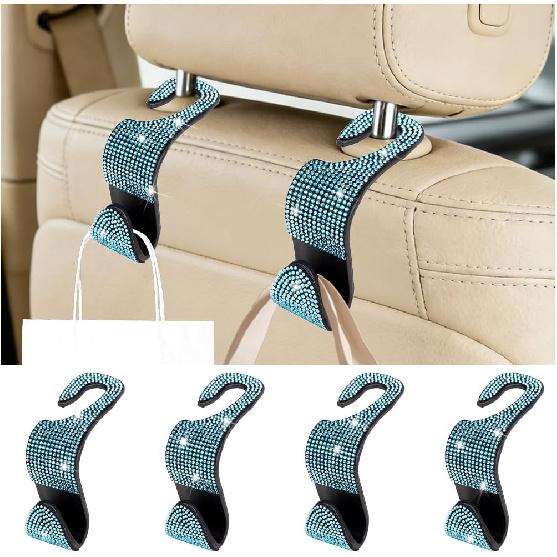 4PCS Bling Car Seat Headrest Hook, Crystal Rhinestone Backseat Hanger Organizer for Purse Handbag Umbrella, Shiny Auto Interior Seat Back Storage