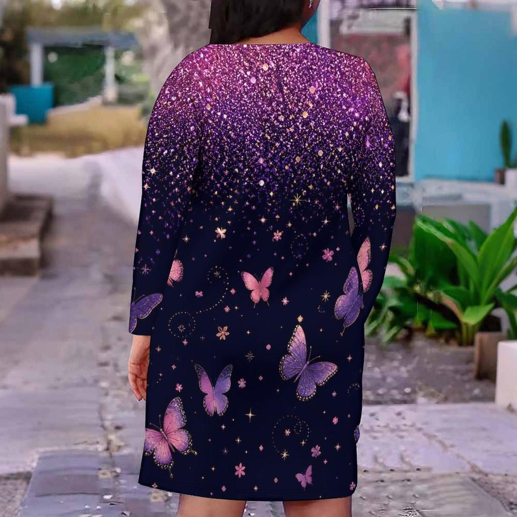 Women Plus Size V Neck Long Sleeve Butterfly Printed Fitted Straight Dress