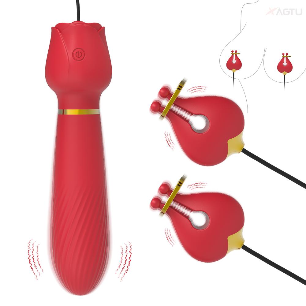 G Spot Rose Vibrator for Women with Nipple Clamps Breast Clips Nipple Clitoral Stimulation Wired Adult Goods Sex Toy for Couple