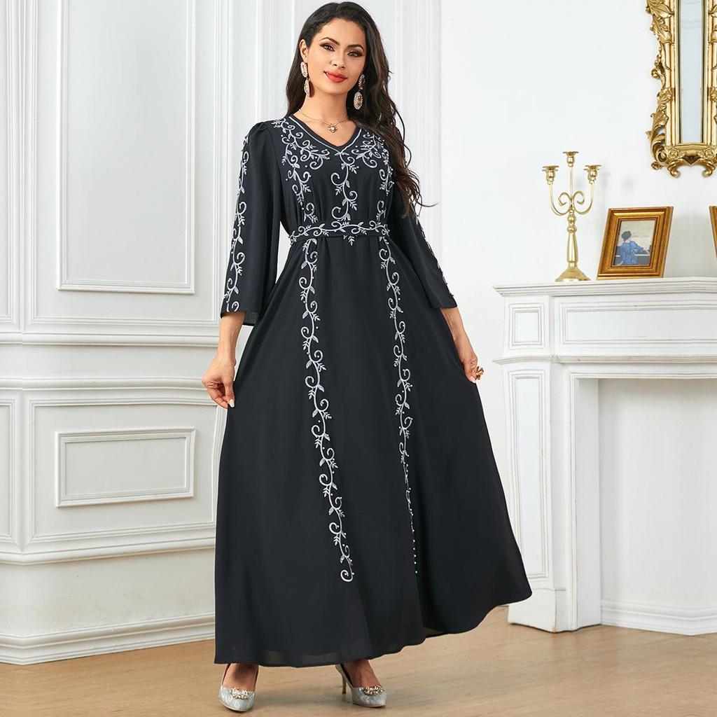 Women's V-Neck Embroidered Beaded Long Dress - Elegant Muslim Robe