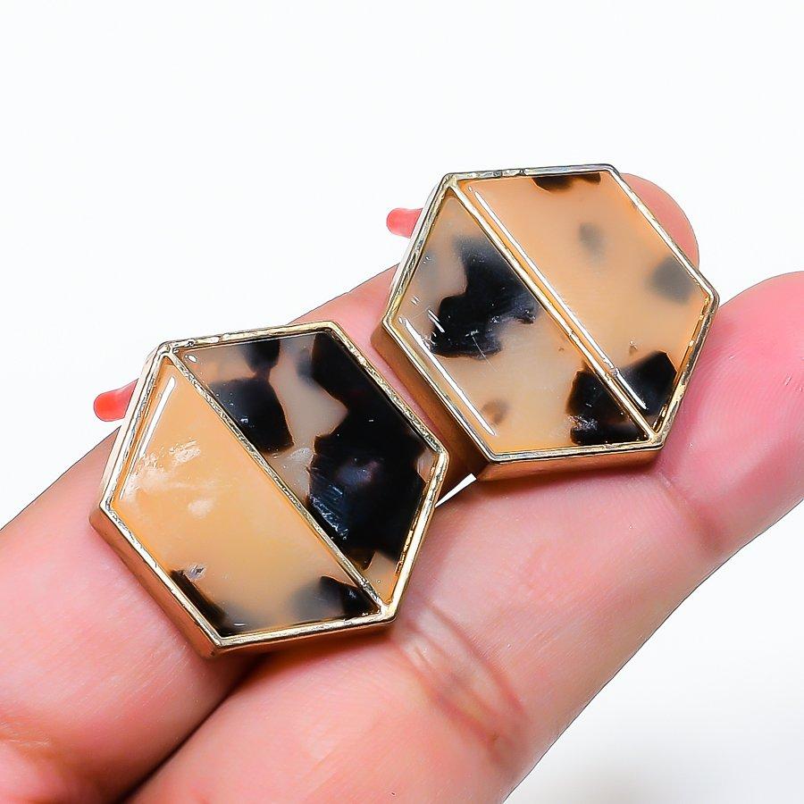 Natural Dendrite Opal Gemstone Brass Jewelry Earring 1.02  RE-46