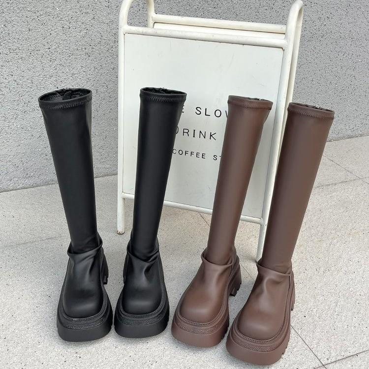 Bottes d'automne et d'hiver pour femmes nouvelles bottes à talon épais à semelle épaisse à fermeture éclair arrière bottes élastiques fines bottes de chevalier tendance