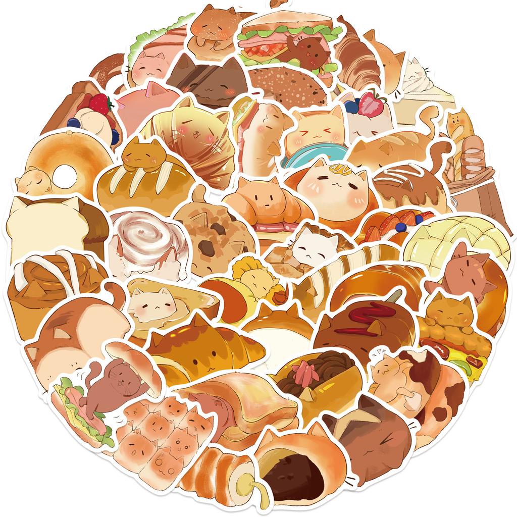 50pcs Bread Cats Dessert Cartoon Graffiti Stickers Phone Guitar Laptop Notebook Suitcase Water Bottles Waterproof Sticker Decals