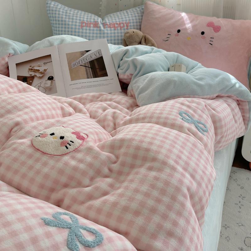 Thickened Milk Fleece Bed Four-Piece Set Fleece Quilt Cover Bed Sheet Coral Flannel Children'S Cartoon Bedding