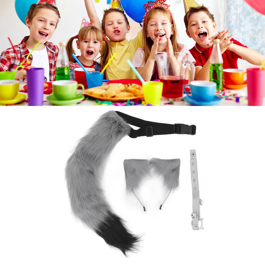 Cat Ears and Wolf Animal Tail Cosplay Costume Faux   Hair Clip Headdress Halloween Leather Neck Chocker Set Animal Cosplay Party Costume
